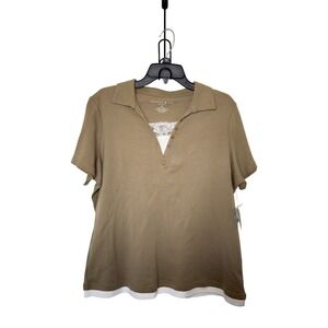 Mountain Lake Women 1X Khaki Short Sleeve Polo Shirt With Lace And Hem Detail